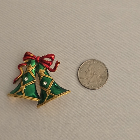 SFJ Brooch Vintage 1990s Gold Tone Enamel Crystal Bells Christmas Pin Signed - Picture 3 of 7